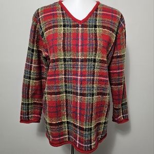 Vintage Liz Claiborne Red & Green Plaid Wool Blend Vneck Sweater Size Medium